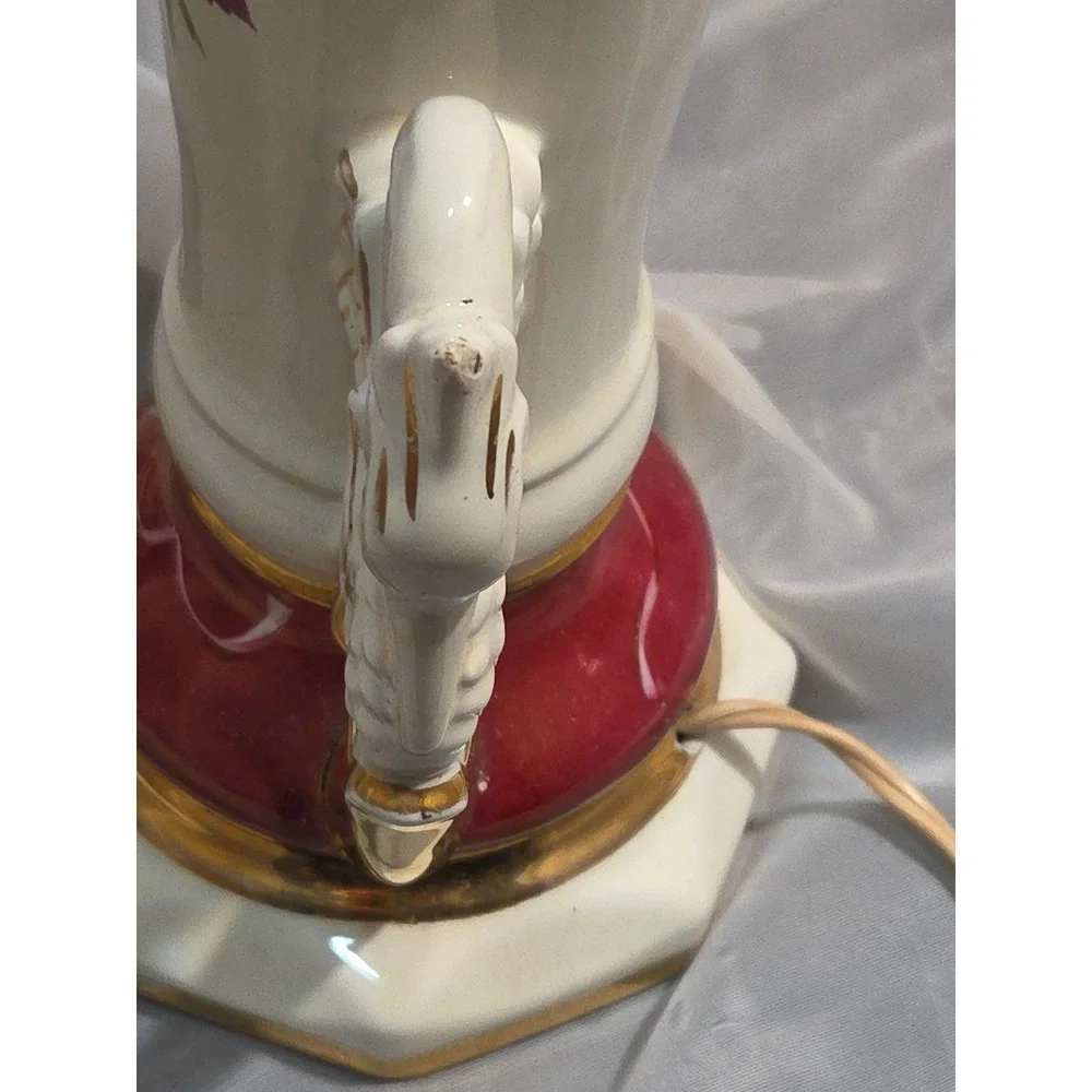 Victorian Style Lamp Worrall Roses Swans Gilded Ceramic 1940s Signed  Wescal Wrk